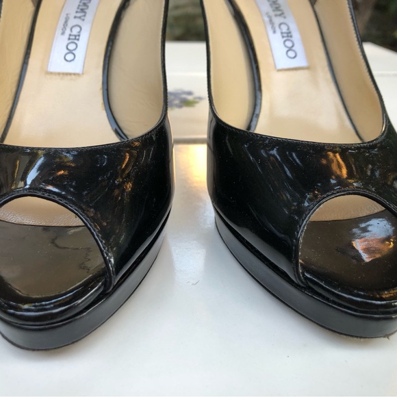 Jimmy Choo Size 39.5 9.5 Black Patent Leather Peep Toe Sling Back Heel Pumps - Picture 5 of 9